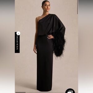 Black Satin Asymmetric-Neck Maxi Dress With Feather Detailing - Club London